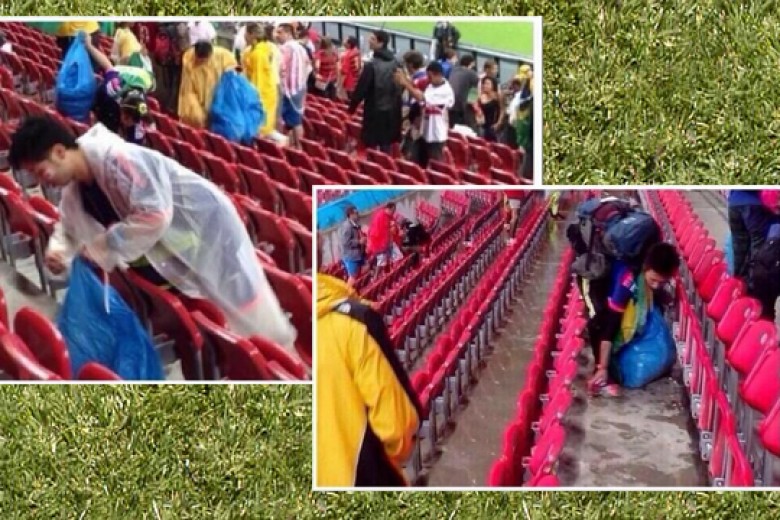 Fans Jepang Punguti Sampah di Stadion Brasil